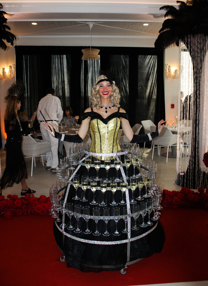 Champagne-dress-woman-event-server-cocktail-party–-Club-at-Barefoot-Beach