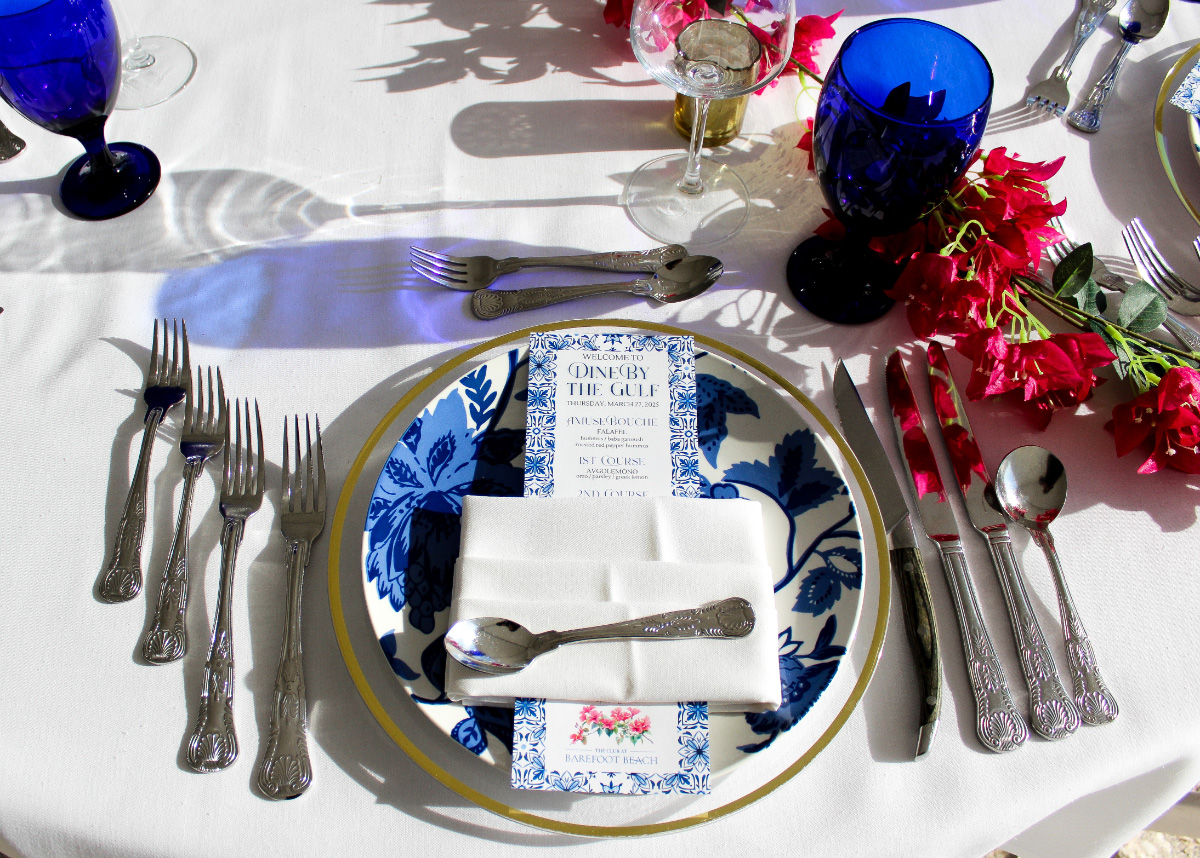 Blue-white-floral-place-setting-menu–-Club-at-Barefoot-Beach